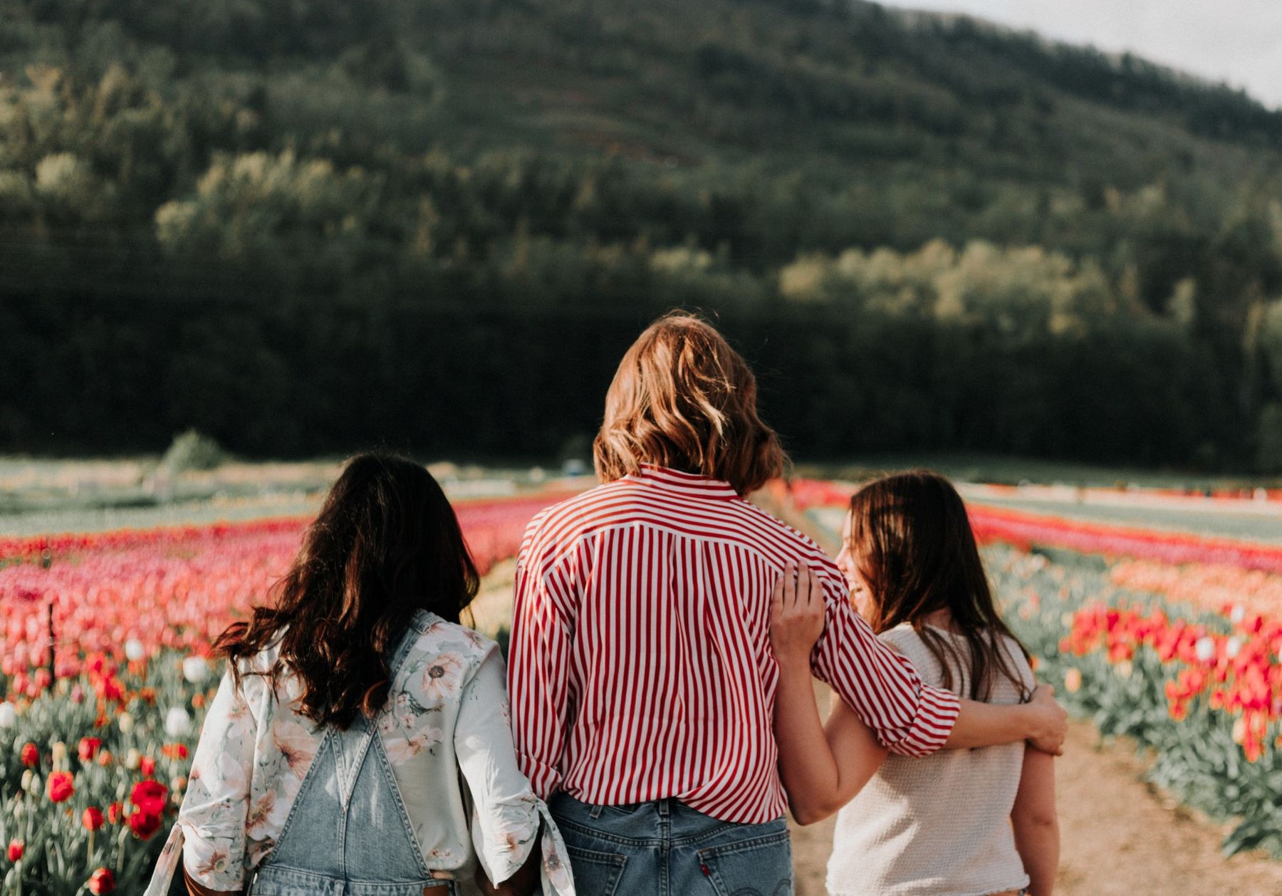 Three women walking arm in arm through a field of tulips